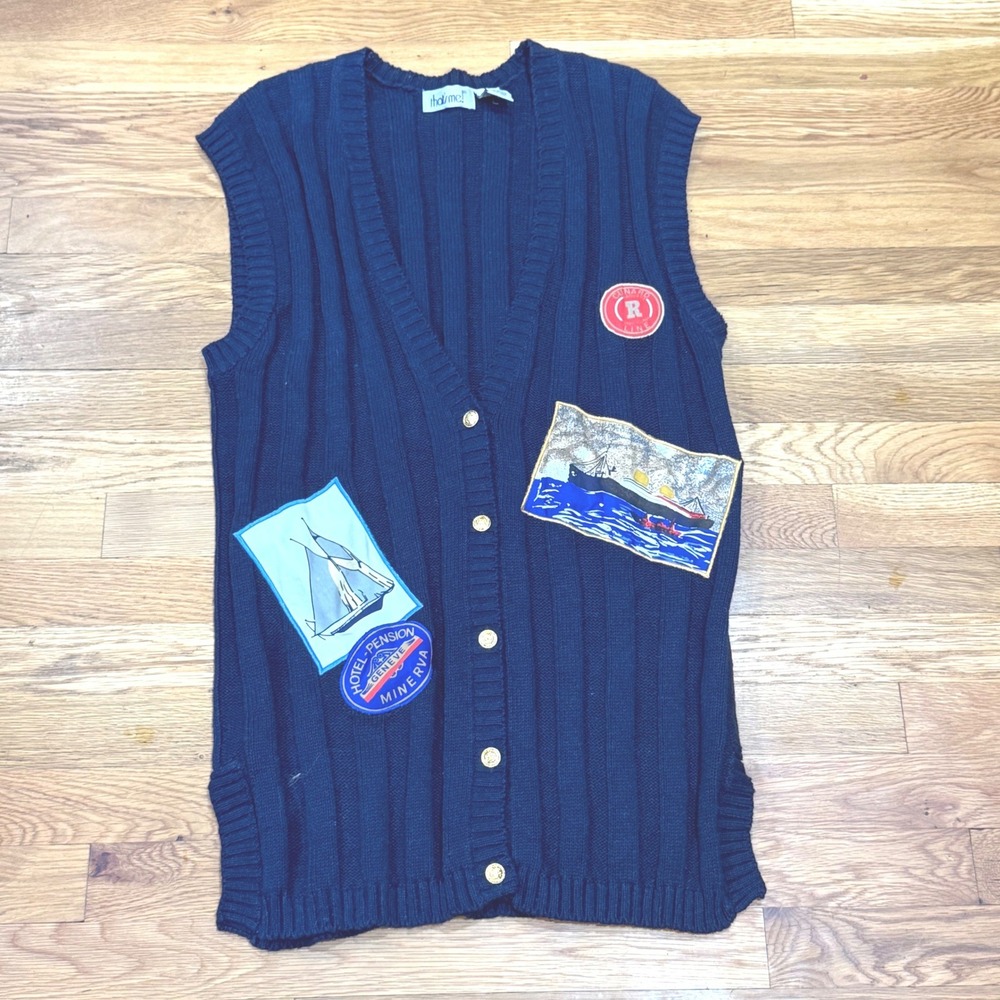 Vintage Thats Me Nautical Travel Patch Cardigan Vest Navy Blue Ramie Cotton S